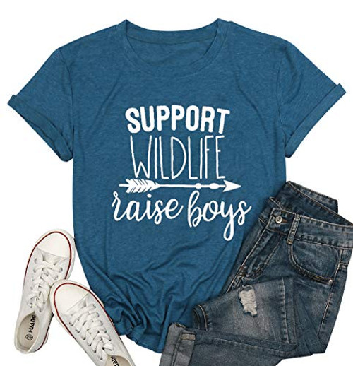 Support Wildlife Raise Boys T Shirt for Women Letter Graphic Print Shirts for Mom Short Sleeve Casual Tees Tops  XL  Blue