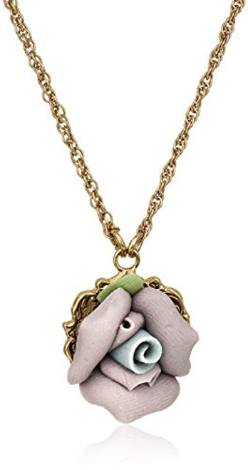 1928 Jewelry Gold Tone Lavender Purple Porcelain Rose Pendant Necklace  16    3  Extender