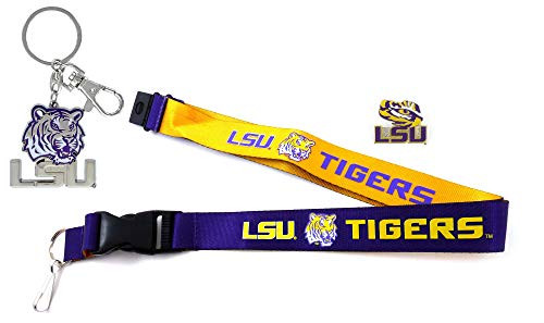 aminco NCAA LSU Tigers Team Reversable Lanyard  Logo Lapel Pin  and Metal Keychain Gift Bundle