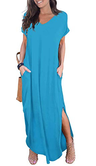 GRECERELLE Women s Casual Loose Pocket Long Dress Short Sleeve Split Maxi Dress Nile Blue XX Large GRECERELLE Women s Casual Loose Pocket Long Dress Short Sleeve Split Maxi Dress Nile Blue XX Large