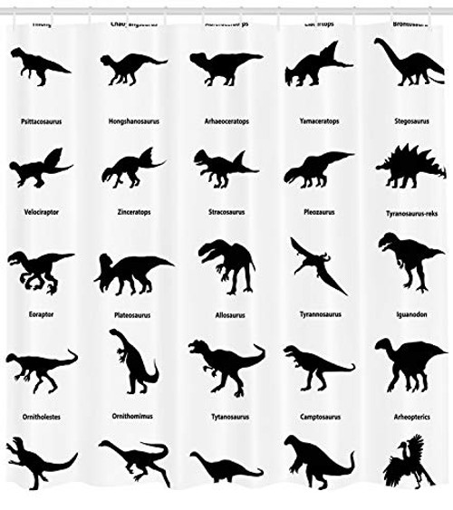 Ambesonne Dinosaur Shower Curtain, Collection of Different Dinosaurs Silhouettes with Their Names Evolution Wildlife, Fabric Bathroom Decor Set with Hooks, 70 Inches, Black White