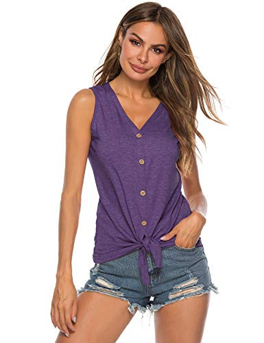 Women s Tanks Camis Tie Front Button Down Shirts Sleeveless Casual Blouse Tops Purple S