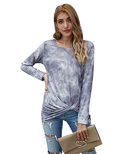 N P Women s Tie Dye Printed Long Sleeve Shirts Casual Loose Tunic Tops Twist Round Neck Blouse Gray XL