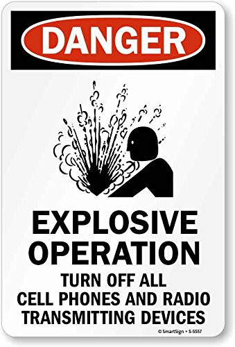 SmartSign S 5557 PL 14 Danger  Explosive Operation Turn Off Cellphones  Plastic Sign with Graphic  14  x 10   Black Blue on White