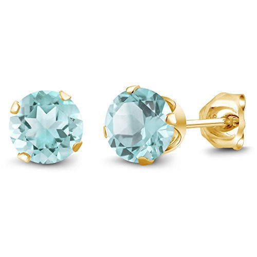 Gem Stone King Sky Blue Topaz Yellow Gold Plated Silver Stud Earrings  1 20 Ct Gemstone Birthstone Round Shape 5MM
