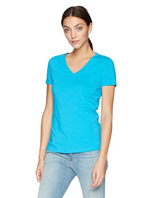 Nautica Women s Short Sleeve Stretch V Neck Solid T Shirt  Bright Blue jig  Medium