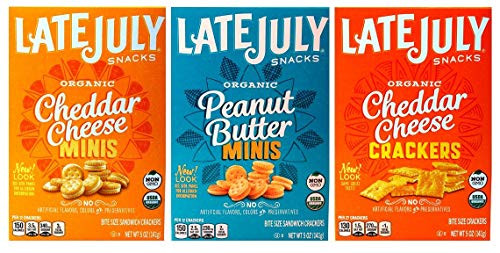 Late July Organic Non GMO Mini Crackers 3 Flavor Variety Bundle   1  Peanut Butter Minis   1  Cheddar Cheese Bite Size  and  1  Cheddar Cheese Minis  5 Oz  Ea