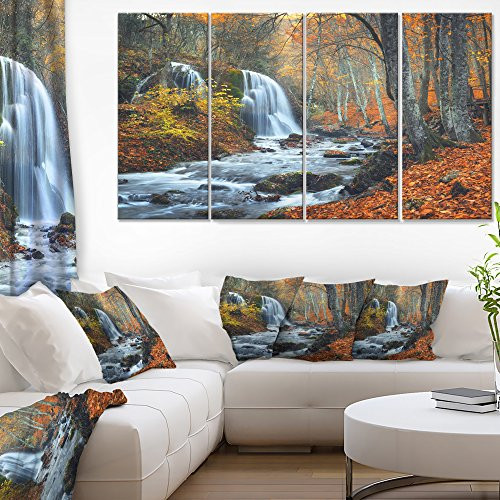 Designart Autumn Mountain Waterfall-Landscape Photo Canvas Art Print-48x28 4 Piece, 28'' H x 48'' W x 1'' D 4P Orange