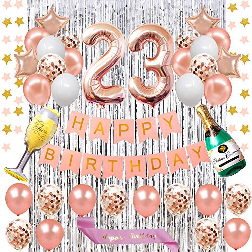 Fancy 23RD Birthday Decorations Rose Gold Happy Birthday Banner and Rose Gold Number 23 Balloons Latex Confetti balloons Star Banner for Girl and Women 23RD Birthday Foil Curtains Silver Fancy 23RD Birthday Decorations Rose Gold Happy Birthday Banner and Rose Gold Number 23 Balloons Latex Confetti balloons Star Banner for Girl and Women 23RD Birthday Foil Curtains Silver