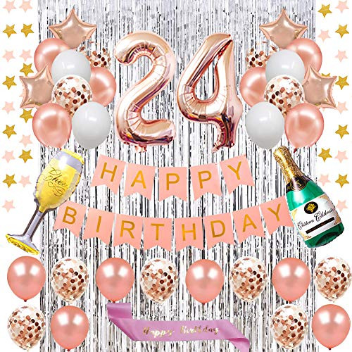 Fancy 24TH Birthday Decorations   Rose Gold Happy Birthday Banner and Rose Gold Number 24 Balloons Latex Confetti balloons Star Banner for Girl and Women 24TH Birthday Foil Curtains Silver