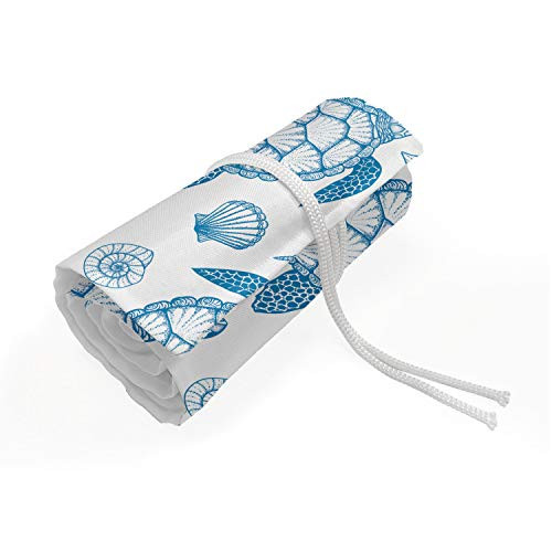 Ambesonne Turtle Pencils Case Wrap Roll Holder  Subaquatic Animals Illustration Monochrome Sea Turtle and Shells Ocean Elements  Durable   Portable Canvas Pencil Organizer  36 Loops  White Blue