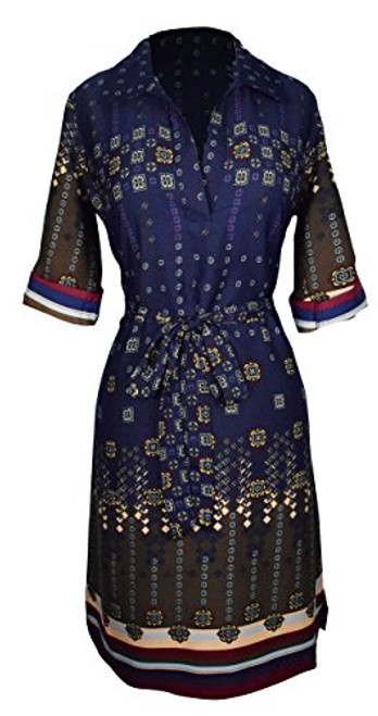 Peach Couture Womens Multi Pattern V Neck Shift ¾ Sleeve Waist Tie Shift Dress Small Navy Maroon