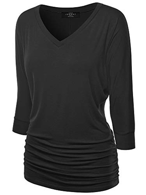 Made By Johnny MBJ WT1036 Womens V Neck 3 4 Sleeve Dolman Top with Side Shirring M Black