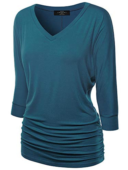 Made By Johnny MBJ WT1036 Womens V Neck 3 4 Sleeve Dolman Top with Side Shirring L Teal