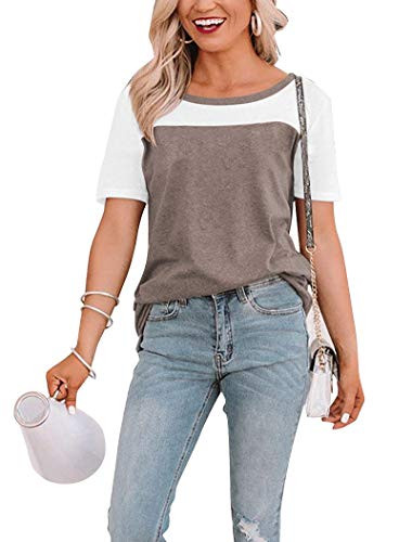 Minthunter Women s Short Sleeve T Shirts Basic Round Neck Casual Summer Tees Color Block Tops Brown
