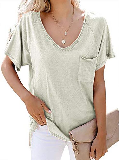 Womens Short Sleeve T Shirt Basic Tee Tops V Neck Loose Summer Shirts with Pocket Side Split Light Grey Womens Short Sleeve T Shirt Basic Tee Tops V Neck Loose Summer Shirts with Pocket Side Split Light Grey