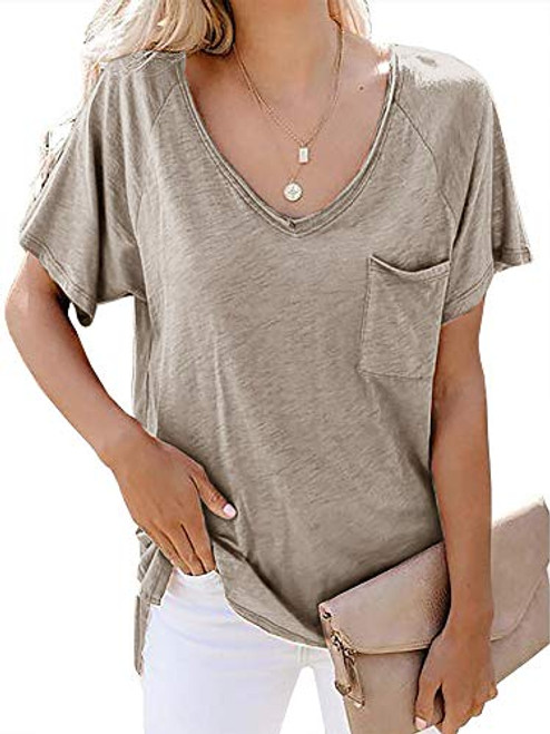 Womens Short Sleeve T Shirt Basic Tee Tops V Neck Loose Summer Shirts with Pocket Side Split Womens Short Sleeve T Shirt Basic Tee Tops V Neck Loose Summer Shirts with Pocket Side Split