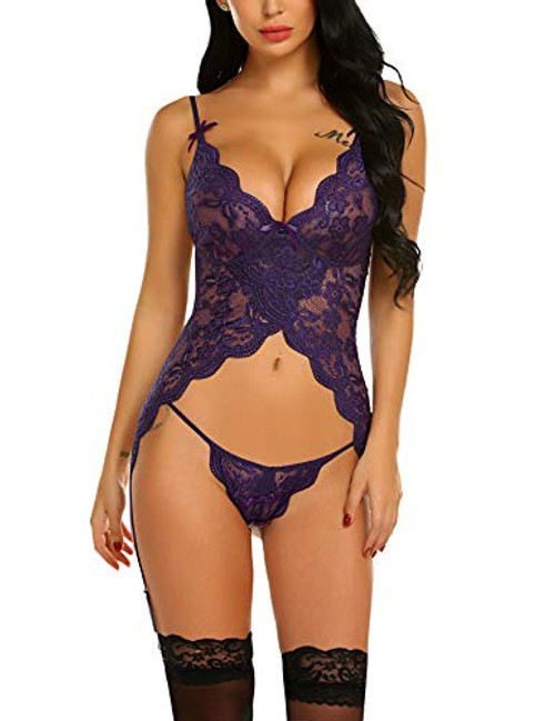 Avidlove Women Lace Bodysuit Lingerie Set Babydoll Chemise with Garter Belts Purple L