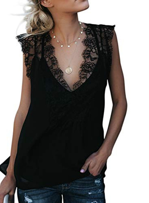 Summer Chiffon Cami Ladies Tank Tops for Women Lace V Neck Sleeveless Blouses Shirts Casual Loose Fitting Tunics Black L Summer Chiffon Cami Ladies Tank Tops for Women Lace V Neck Sleeveless Blouses Shirts Casual Loose Fitting Tunics Black L