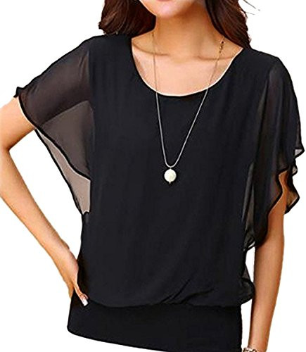 Hount Summer T Shirt Chiffon Blouses and Tops Short Sleeve Loose Casual Tunic Shirts Plus Size  XX Large  Black