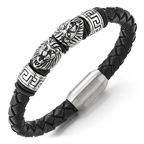 COOLSTEELANDBEYOND Men Steel Lion and Greek Key Charms Black Braided Leather Bracelet Wristband Bangle with Magnetic Clasp