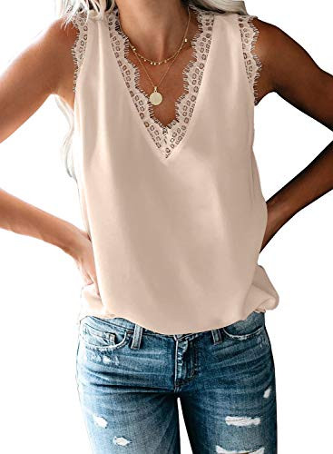 BLENCOT Womens Summer V Neck Lace Sleeveless Shirts Tops Soft Flowy Tank Tops Blouses Elegant Apricot M