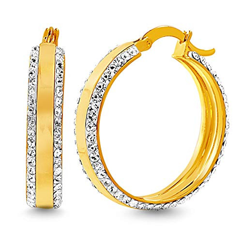 Devin Rose Double Sided 30mm Hoop Earrings for Women made With Swarovski Crystals in Yellow Gold Plated Brass Yellow Devin Rose Double Sided 30mm Hoop Earrings for Women made With Swarovski Crystals in Yellow Gold Plated Brass Yellow