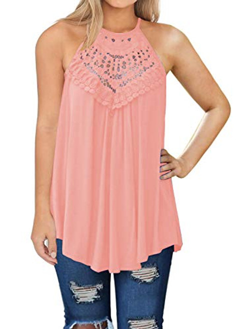 MIHOLL Womens Summer Casual Sleeveless Tops Lace Flowy Loose Shirts Tank Tops  Large  Coral MIHOLL Womens Summer Casual Sleeveless Tops Lace Flowy Loose Shirts Tank Tops  Large  Coral