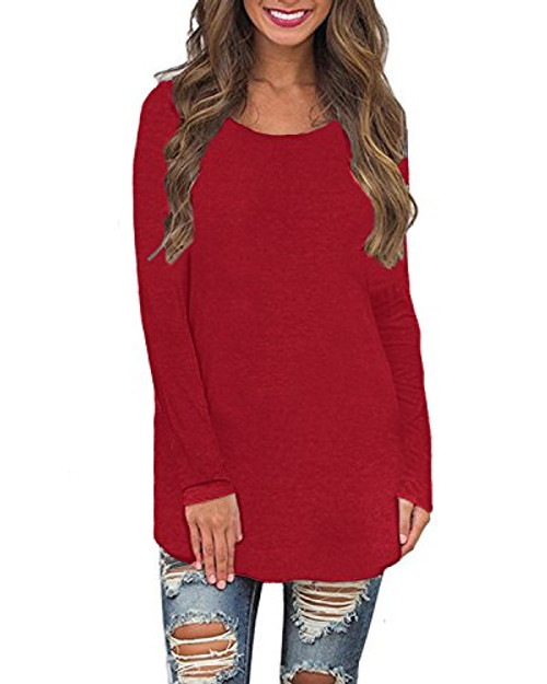 SUNNYME Women s Long Sleeve Shirts Blouses Crew Neck Solid Loose Casual Tunic Tops Sweatshirts A Wine Red Medium