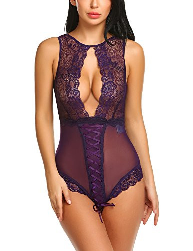 Avidlove Women One Piece Teddy Lingerie Floral Lace Babydoll Bodysuit Purple