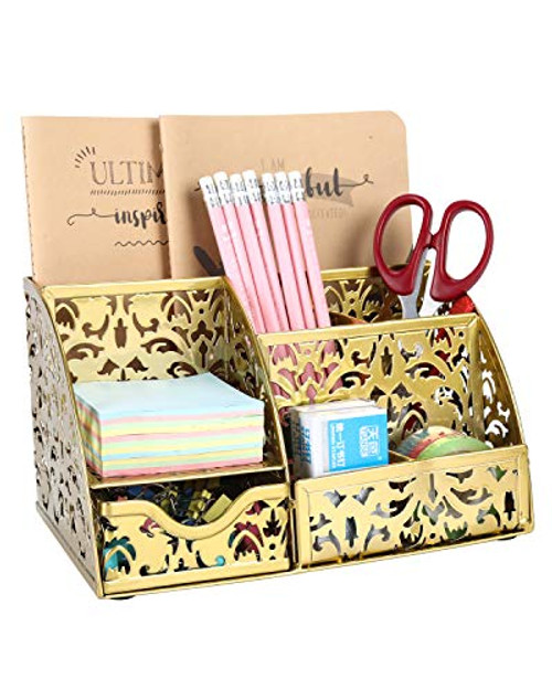 EasyPAG Office Desk Organizer 5 Compartments Desktop Accessories Caddy with Drawer Gold