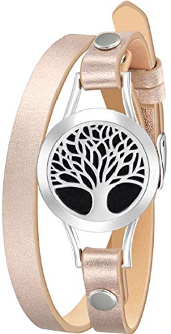 Wild Essentials Tree of Life Essential Oil Diffuser Bracelet  Stainless Steel Aromatherapy Locket  Leather Band with 12 Color Pads  Womens Jewelry Gift Set