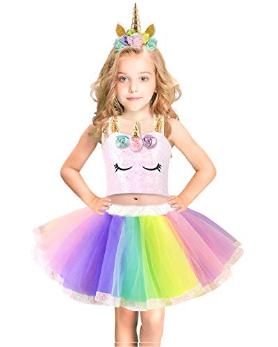 Heay Girls Unicorn Costume Little Girls Layered Rainbow Tutu Skirt with Headband Halloween Birthday Party Dress Up Rainbow L