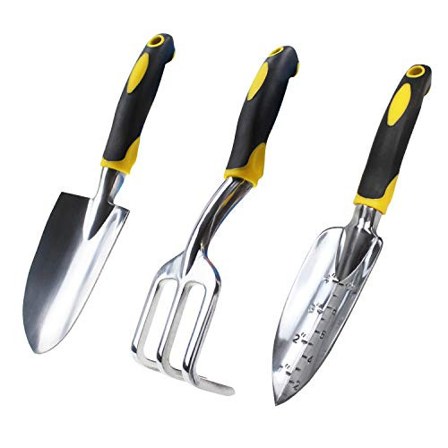 KALIM Garden Tool Kit 3 Pcs Cast Aluminum Heavy Duty Gardening Set with Soft Rubberized Non Slip Ergonomic Handle Includes Hand Trowel Transplant Trowel and Cultivator Hand Rake KALIM Garden Tool Kit 3 Pcs Cast Aluminum Heavy Duty Gardening Set with Soft Rubberized Non Slip Ergonomic Handle Includes Hand Trowel Transplant Trowel and Cultivator Hand Rake