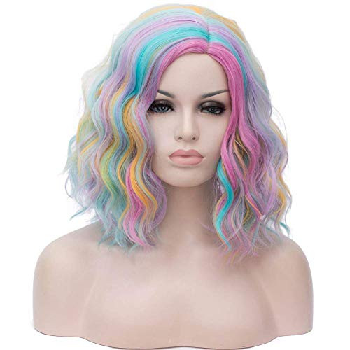 Short Bob Wavy Curly Wig Lady Costume Wig For Women Cosplay Halloween Wigs Heat Resistant Bob Party Wig 36Cm Include Wig Cap  Rainbow colored