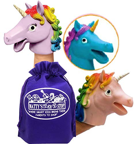 Schylling Unicorn Stretchy Hand Puppets Pink  Purple   Teal Complete Gift Set Bundle with Matty s Toy Stop Storage Bag   3 Pack