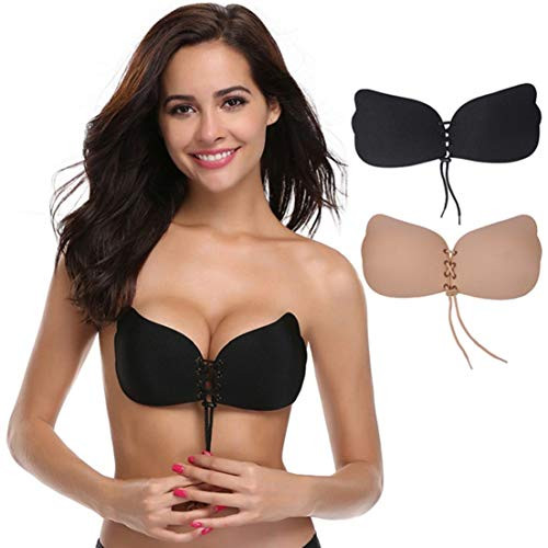 Muryobao Women Sticky Strapless Bra Adhesive Backless Bras Silicone Push up Wedding Dress Bra Beige Black 2 Pack B Cup