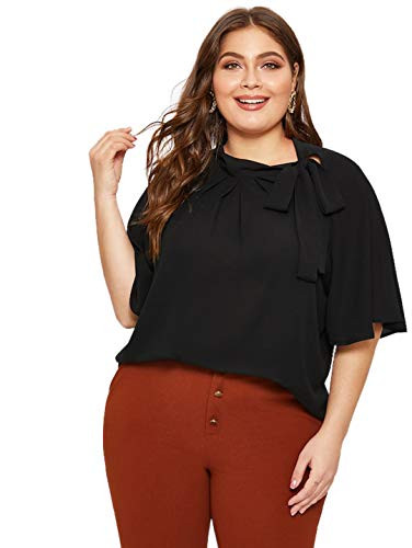 Romwe Women s Plus Size Short Sleeve Stand Collar Pleated Tied Neck Knot Summer Blouse Top Black 1XL