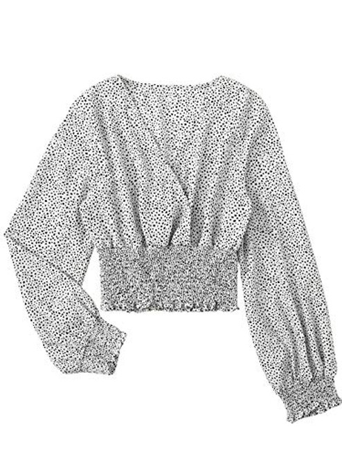 LYANER Women s V Neck Shirred Polka Dots Long Sleeve Frill Crop Blouse Shirt Tops White Small LYANER Women s V Neck Shirred Polka Dots Long Sleeve Frill Crop Blouse Shirt Tops White Small