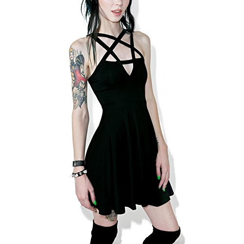 Verypoppa Women Vintage Gothic Pentagram Strappy Bandage Swing Dress  XX Large  Black