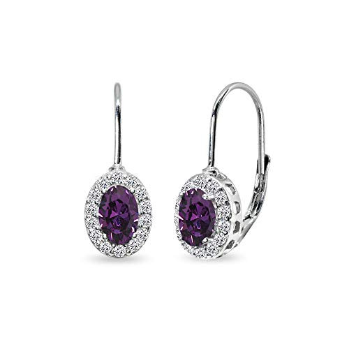 Sterling Silver Purple 6x4mm Oval Halo Leverback Earrings Made with Swarovski Crystals Sterling Silver Purple 6x4mm Oval Halo Leverback Earrings Made with Swarovski Crystals