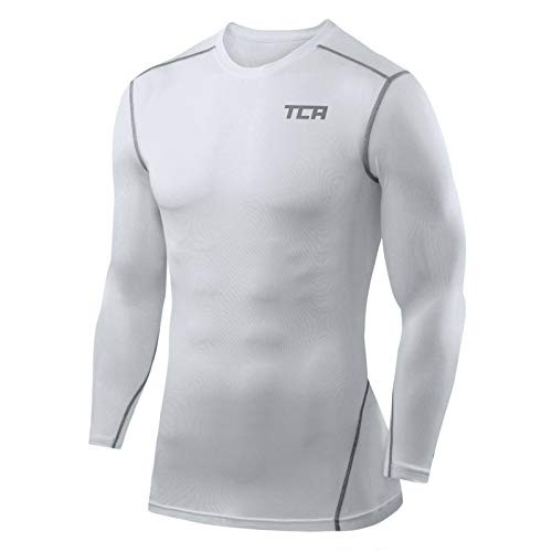 TCA Boys  Youth   Men s Pro Performance Compression Shirt Long Sleeve Base Layer Thermal Top   Crew Mock Neck   White  L Boy  10 12 Years