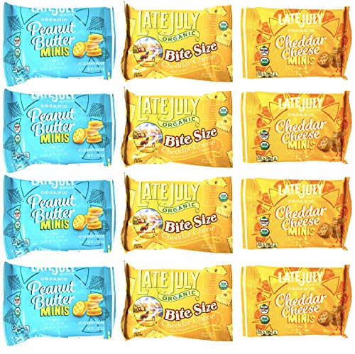 Late July Organic Non GMO Mini Crackers 3 Flavor 12 Individual Pack Variety Bundle   4  Peanut Butter Minis   4  Cheddar Cheese Bite Size  and  4  Cheddar Cheese Minis  1 1 25 Oz  Ea