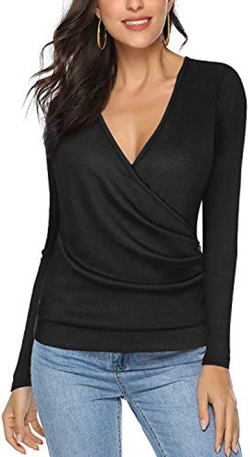 Women s Waffle Knit Buttons Wrap V Neck Long Sleeve Casual Tunic Blouse Top Shirts MGU269 BKL Black Women s Waffle Knit Buttons Wrap V Neck Long Sleeve Casual Tunic Blouse Top Shirts MGU269 BKL Black