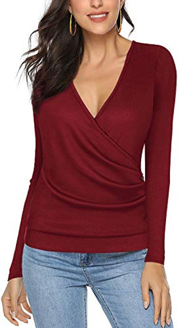 Women s Waffle Knit Buttons Wrap V Neck Long Sleeve Casual Tunic Blouse Top Shirts MGU269 WRXL Wine Red