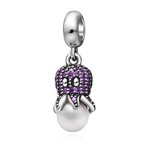 Purple Octopus Dangle Charm 925 Sterling Silver Night Owl Beads fit for DIY Charms Bracelets