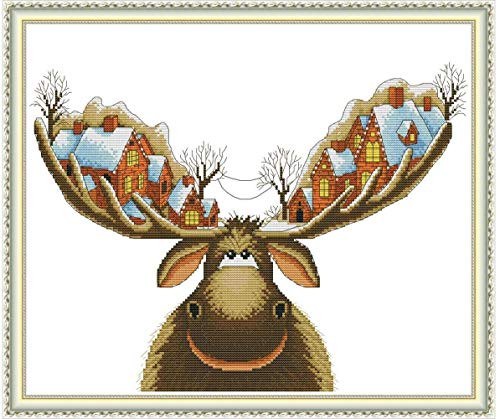 Cross Stitch Stamped Kits 11CT 21X18 inch Holiday Gift Pre Printed Cross Stitching Starter Patterns for Beginner Kids or Adults  Embroidery Needlepoint Kits Christmas Deer