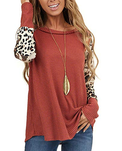 Womens Casual Leopard Color Block Tunic Shirt Fall Crew Neck Long Sleeves Camo Print Waffle Pullover Top Orange Red