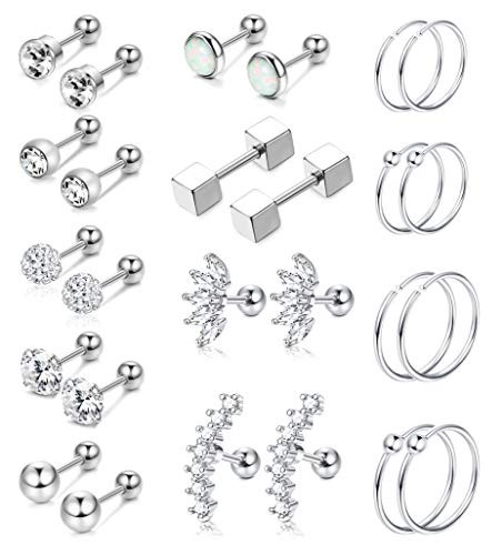 YADOCA 13 Pairs Stainless Steel Cartilage Stud Earrings for Men Women Helix Tragus CZ Barbell Conch Piercing Earrings Ear Hoop Earrings
