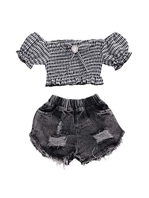Ambabe Toddler Baby Girls Summer Clothes Short Sleeves Off Shoulder Bowknot Plaid Crop Top Ripped Denim Shorts 2PCS Outfit Set  2T   3T